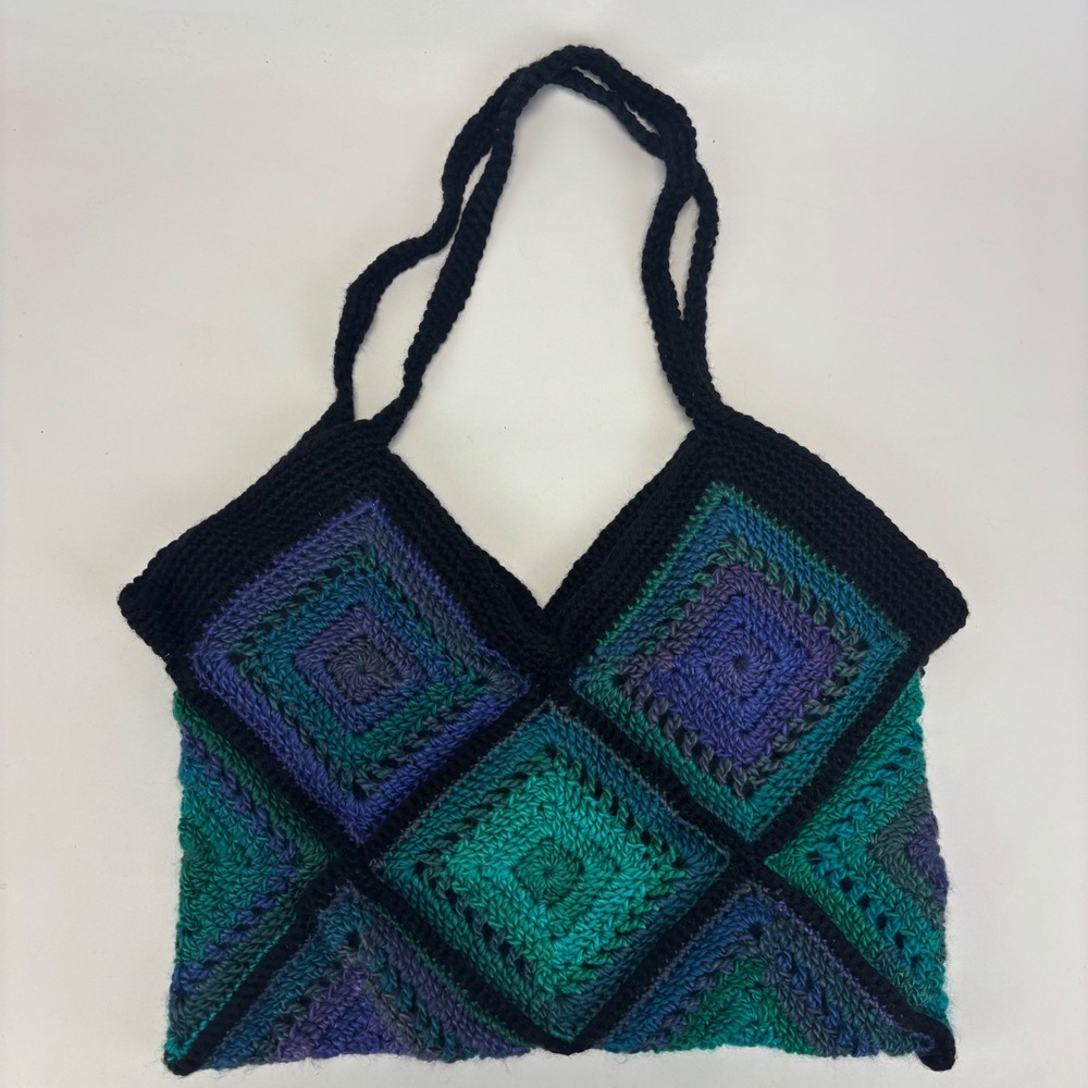 Unbranded Crochet Tote Bag Womens Teal Purple Granny Square Boho Cottagecore NEW